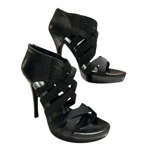 Stuart Weitzman Black Platform Stiletto Heel Multi Stretch Strap Heels Size 6 M - Picture 1 of 9